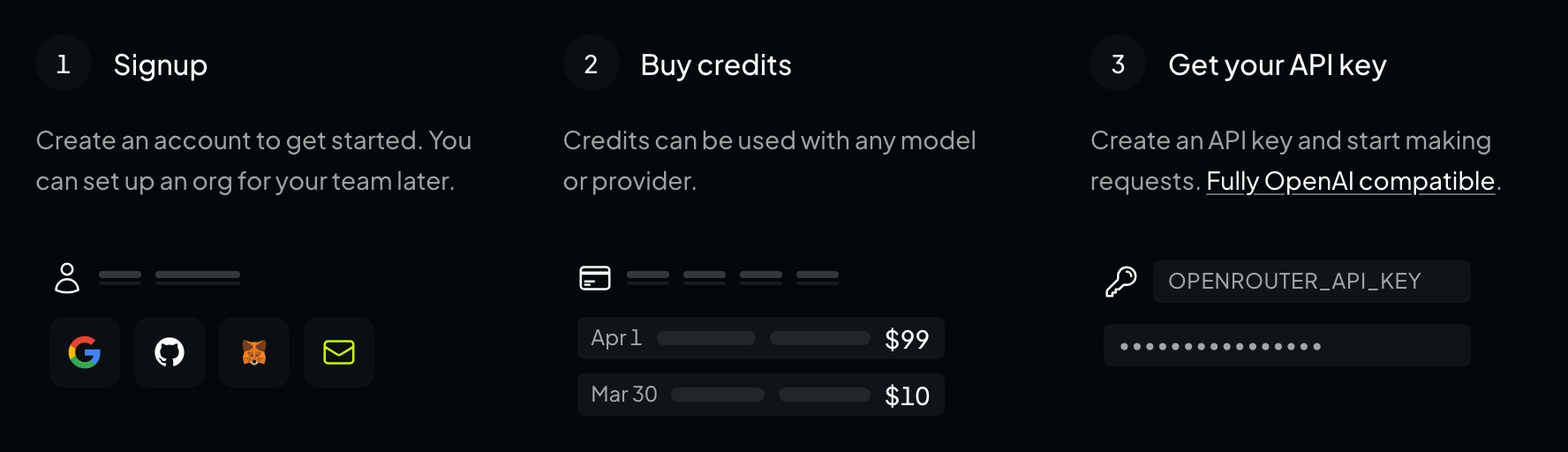 OpenRouter's home page showing three numbered steps: Signup, Buy credits, and Get your API key.