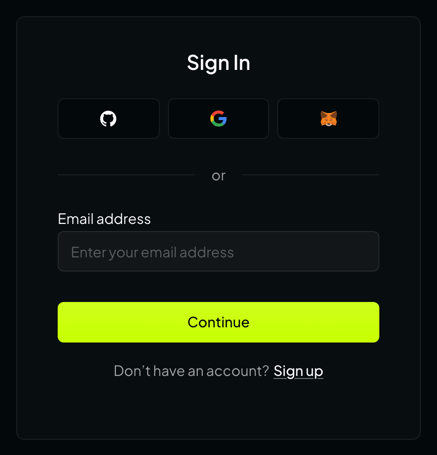 OpenRouter's sign-in card, offering GitHub, Google and MetaMask buttons, an email address field, a Continue button, and a Sign up link.