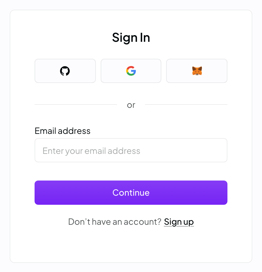 OpenRouter's sign-in card, offering GitHub, Google and MetaMask buttons, an email address field, a Continue button, and a Sign up link.
