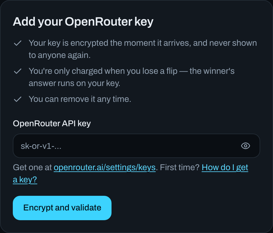 PromptFlip's Add your OpenRouter key form, with a masked key field, a Show key button, and an Encrypt and validate button.