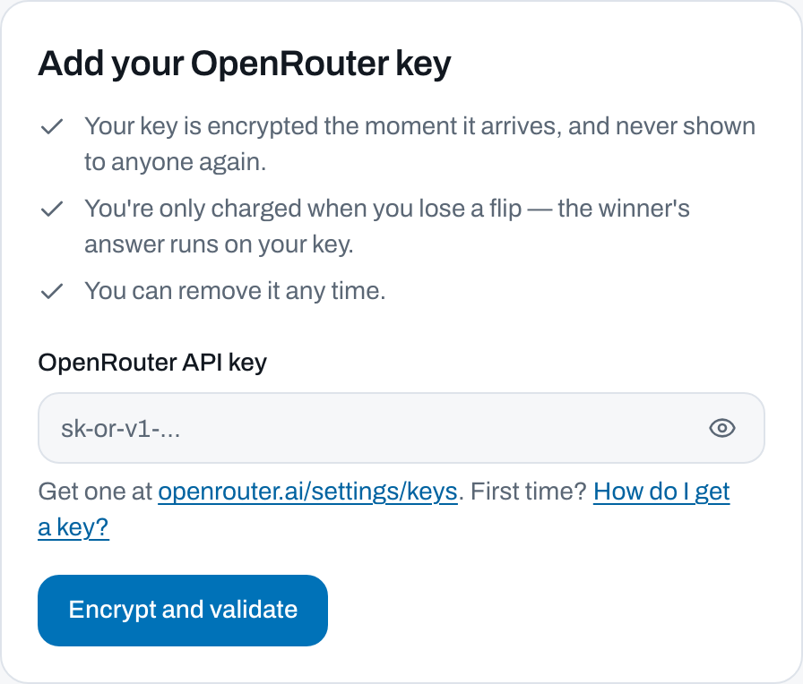 PromptFlip's Add your OpenRouter key form, with a masked key field, a Show key button, and an Encrypt and validate button.